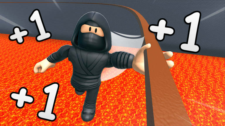 Official +1 Ninja Obby Escape artwork showing a masked ninja on a narrow route above lava
